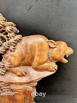 Large Antique 19th Cent Chinese Carved Wooden Temple Beast Panel