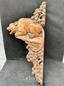 Large Antique 19th Cent Chinese Carved Wooden Temple Beast Panel