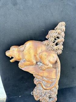 Large Antique 19th Cent Chinese Carved Wooden Temple Beast Panel