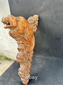 Large Antique 19th Cent Chinese Carved Wooden Temple Beast Panel