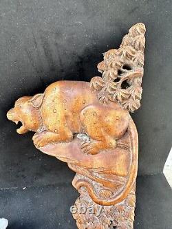 Large Antique 19th Cent Chinese Carved Wooden Temple Beast Panel