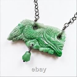 Large Antique Carved Green Jadeite Jade Dragon Pendant On Silver Chain Chinese