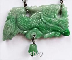 Large Antique Carved Green Jadeite Jade Dragon Pendant On Silver Chain Chinese