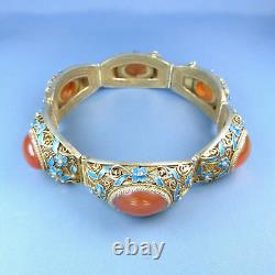 Large Antique Chinese Agate Filigree Silver Bracelet