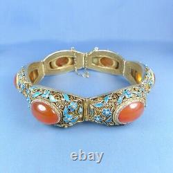 Large Antique Chinese Agate Filigree Silver Bracelet