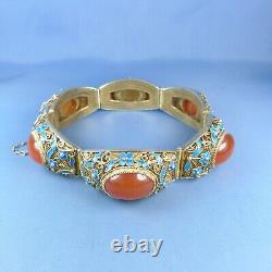 Large Antique Chinese Agate Filigree Silver Bracelet