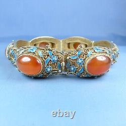 Large Antique Chinese Agate Filigree Silver Bracelet