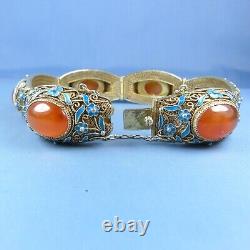 Large Antique Chinese Agate Filigree Silver Bracelet