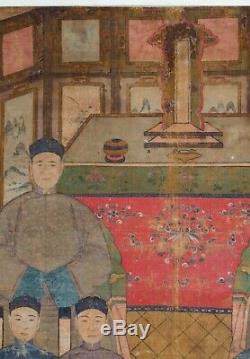 Large Antique Chinese Ancestor Portrait Painting Scroll on Fabric, 19th century