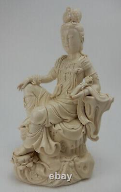 Large Antique Chinese Blanc De Chine Guanyin, 19th century Qianlong Mark 15