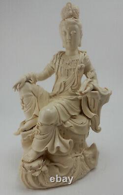 Large Antique Chinese Blanc De Chine Guanyin, 19th century Qianlong Mark 15