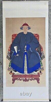 Large Antique Chinese Blue Robe Man Ancestor Scroll Painting