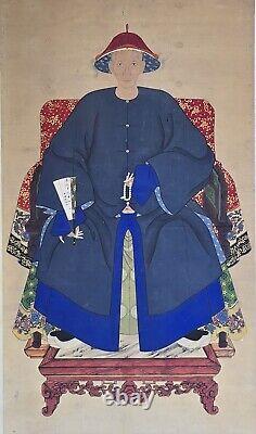 Large Antique Chinese Blue Robe Man Ancestor Scroll Painting