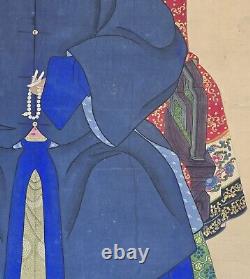 Large Antique Chinese Blue Robe Man Ancestor Scroll Painting