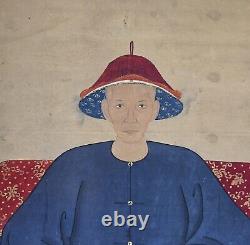 Large Antique Chinese Blue Robe Man Ancestor Scroll Painting