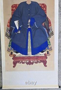 Large Antique Chinese Blue Robe Man Ancestor Scroll Painting