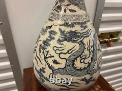 Large Antique Chinese Blue and White Dragon Porcelain Vase. Yuan Period