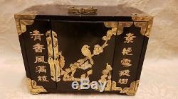 Large Antique Chinese Brass Bound 4 Drawers Jewellery Box Mother Of Pearl
