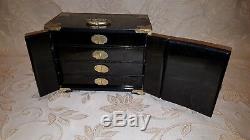 Large Antique Chinese Brass Bound 4 Drawers Jewellery Box Mother Of Pearl