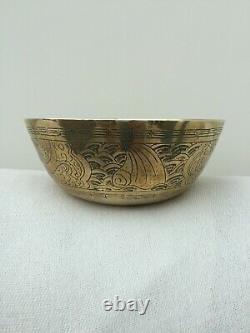 Large Antique Chinese Brass Charger Bowl. Engraved. Very Good Condition