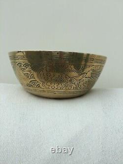 Large Antique Chinese Brass Charger Bowl. Engraved. Very Good Condition