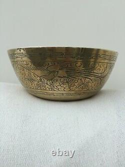 Large Antique Chinese Brass Charger Bowl. Engraved. Very Good Condition