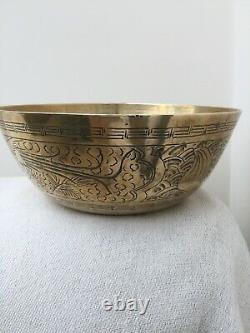 Large Antique Chinese Brass Charger Bowl. Engraved. Very Good Condition