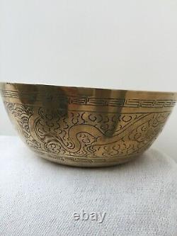 Large Antique Chinese Brass Charger Bowl. Engraved. Very Good Condition