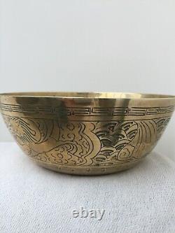 Large Antique Chinese Brass Charger Bowl. Engraved. Very Good Condition