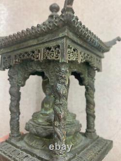Large Antique Chinese Bronze KwanYin Bodhisattva Sitting in A Hut Statue