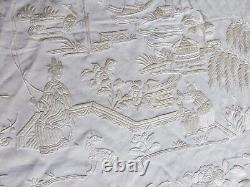 Large Antique Chinese Canton Silk Piano Shawl Embroidered Peapole Birds Animals