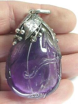 Large Antique Chinese Carved Amethyst Silver Pendant For Necklace