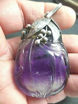 Large Antique Chinese Carved Amethyst Silver Pendant For Necklace