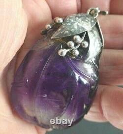 Large Antique Chinese Carved Amethyst Silver Pendant For Necklace