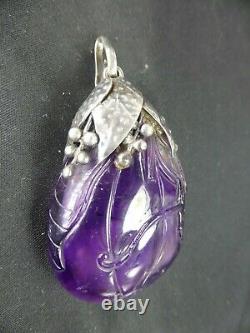 Large Antique Chinese Carved Amethyst Silver Pendant For Necklace