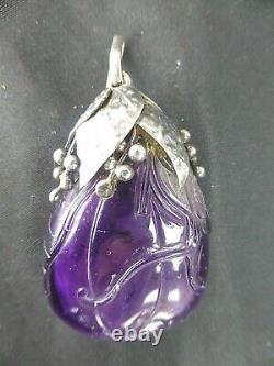 Large Antique Chinese Carved Amethyst Silver Pendant For Necklace