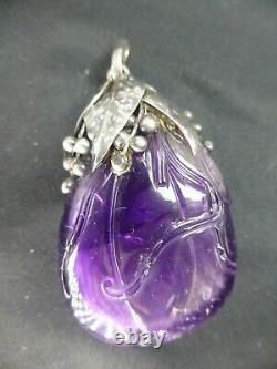 Large Antique Chinese Carved Amethyst Silver Pendant For Necklace