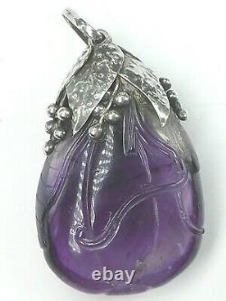 Large Antique Chinese Carved Amethyst Silver Pendant For Necklace