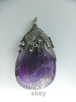 Large Antique Chinese Carved Amethyst Silver Pendant For Necklace