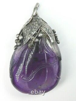 Large Antique Chinese Carved Amethyst Silver Pendant For Necklace