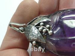 Large Antique Chinese Carved Amethyst Silver Pendant For Necklace