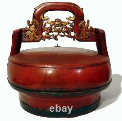 Large Antique Chinese Carved Gold Red Lacquer Wedding Basket Dragons Bats Box