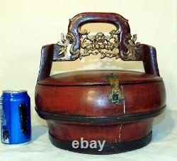 Large Antique Chinese Carved Gold Red Lacquer Wedding Basket Dragons Bats Box