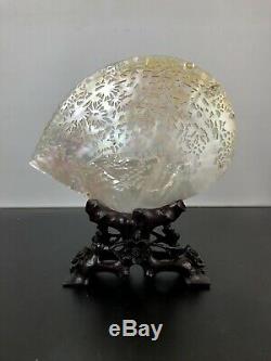 Large Antique Chinese Carved Mother Of Pearl Shell Intricate Carving & Stand