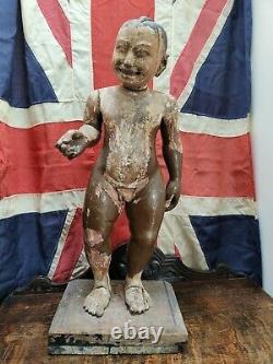 Large Antique Chinese Carved Wooden Polychrome Statue of a Boy