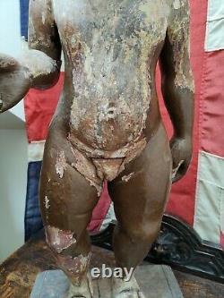 Large Antique Chinese Carved Wooden Polychrome Statue of a Boy