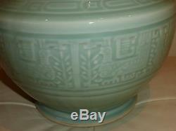 Large Antique Chinese Celadon Glazed Carved Porcelain Vase