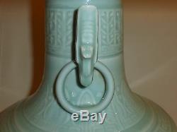 Large Antique Chinese Celadon Glazed Carved Porcelain Vase