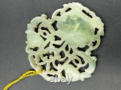 Large Antique Chinese Celadon Jade Hand Carved Art Deco Pendant