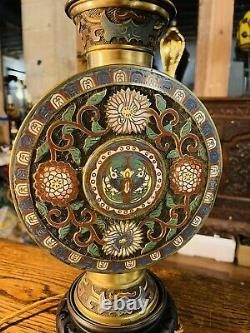 Large Antique Chinese Champleve Cloisonné Enamel Bronze Table Lamp